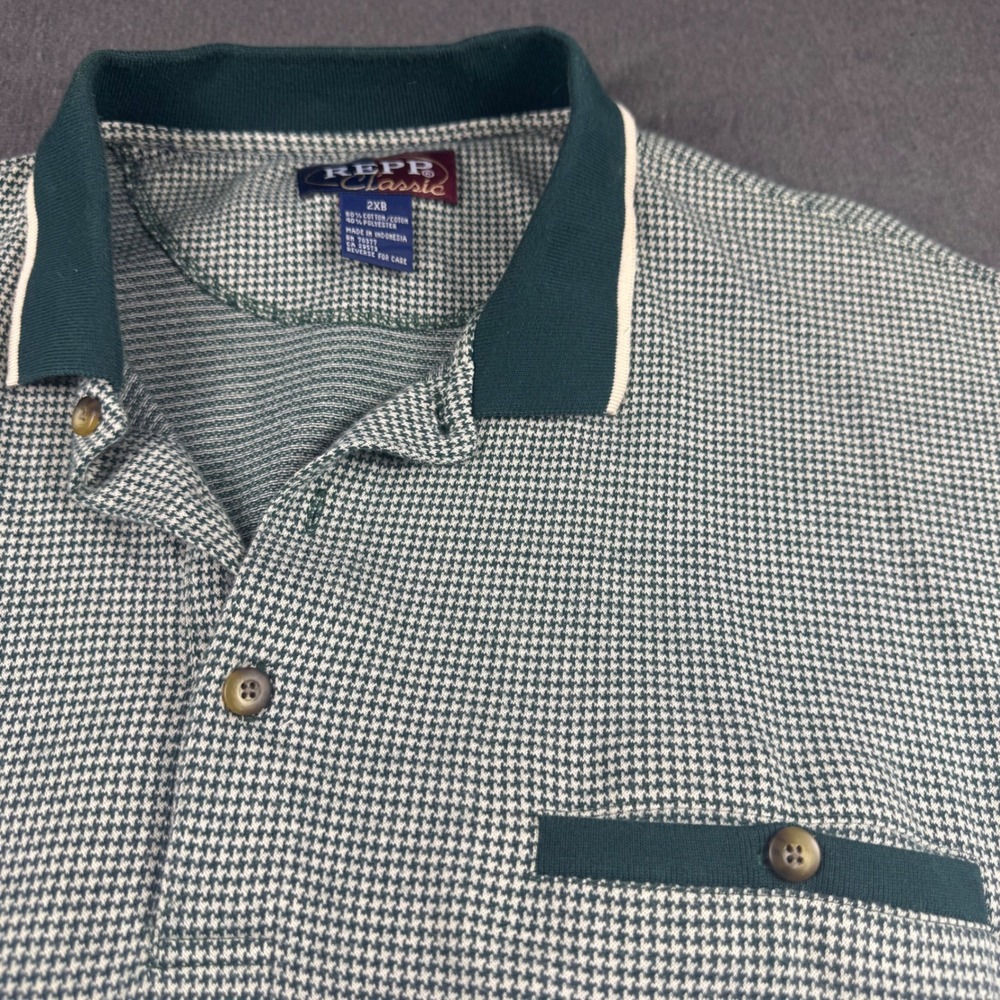 REPP Classic Men's 2XB‎ Houndstooth Polo Shirt Green White Short Sleeve Pocket